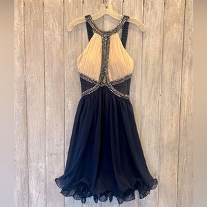 London Elegant Navy and Cream Dress with Beaded Details